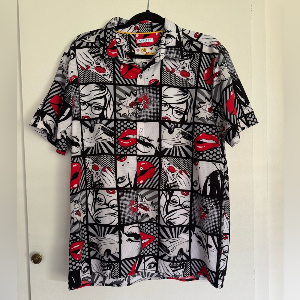 Oh Snap Drill Clothing Shirt Mens L Black White Comic Strip Pop Art Button Up